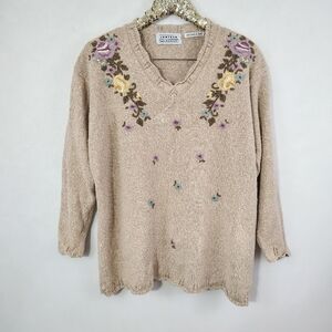 Vintage 90s Jantzen Women's Tan Plus Size Floral Embroidery Sweater Cottagecore